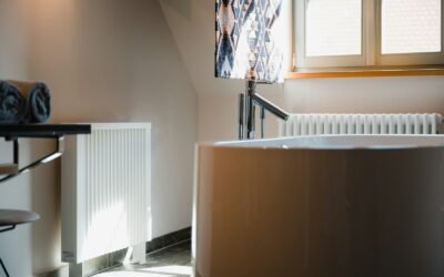 a room with a white heater and a window