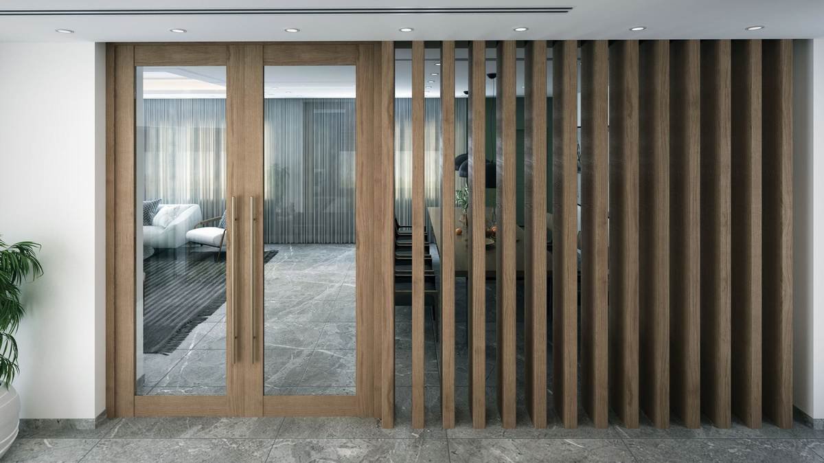 Vue d'une entrée moderne avec portes vitrées et parois en bois