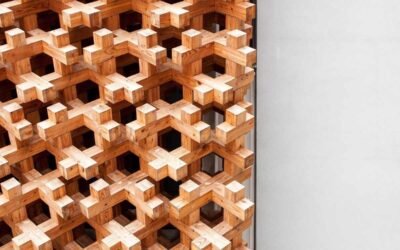 Structure en bois en treillage formant des alvéoles sur un mur blanc